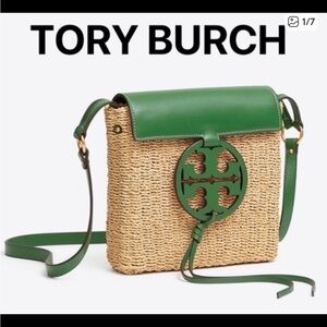 Tory Burch Natural Raffia Crossbody with Green Leather Trim